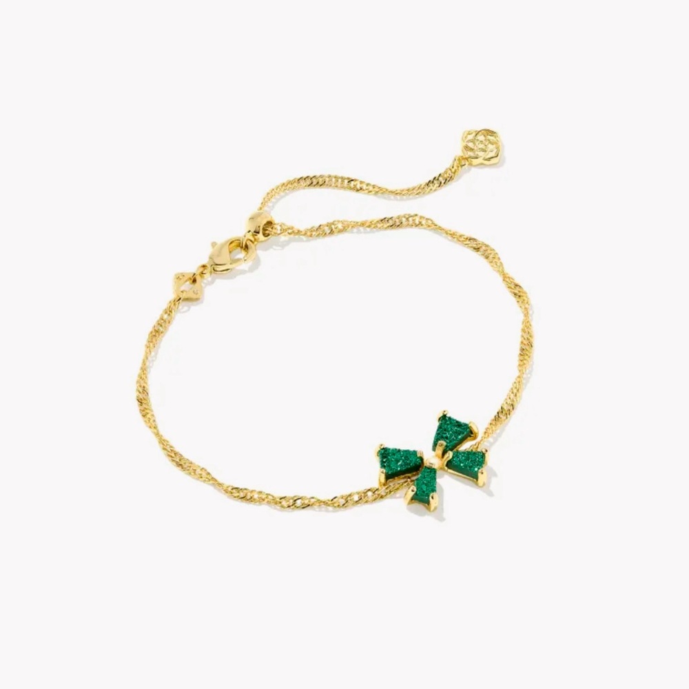 Kendra Scott Blair gold bow small delicate chain bracelet in emerald drusy